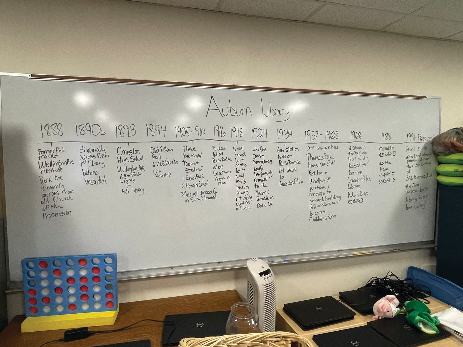 DECADES OF HISTORY: Auburn Branch Librarian Karen McGrath performed roughly eight hours of research to prepare this whiteboard timeline of the branch’s history as part of the Cranston Public Library’s 50th anniversary celebration in 2018. 